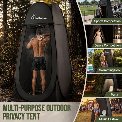 WolfWise Pop Up Shower Tent, Portable Privacy Tent for Camping, Beach & Hiking, Waterproof Changing Room & Toilet Shelter with UPF30+ Protection, Black