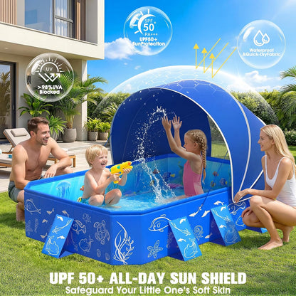 Foldable Kiddie Pool with Canopy 53" x 40" x 33", Portable Toddler Swimming Pool with Removable UPF 50+ Sunshade, Rectangular Kids Pool with Marine Design, Backyard Outdoor Water Play Pool, Blue