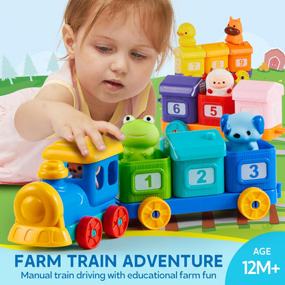 Play-Act Montessori Learning Farm Train Toy for Toddlers 1-3 Years, Counting, Matching & Sorting Train Set with 9 Farm Animals, 10 Numbered Barns & 4 Colorful Wagons