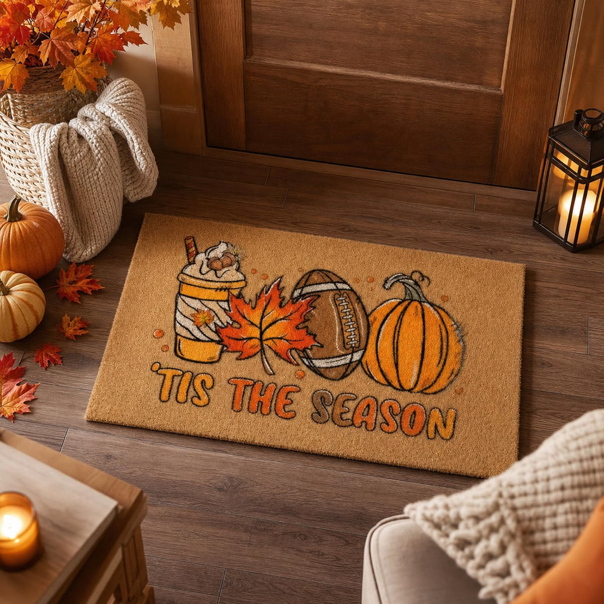 Tinideya Fall Football Door Mat, 29 x 17 Inch Outdoor Welcome Mat with Fall Leaves, Pumpkin & Football Design, Non-Slip PVC Backing, Brown