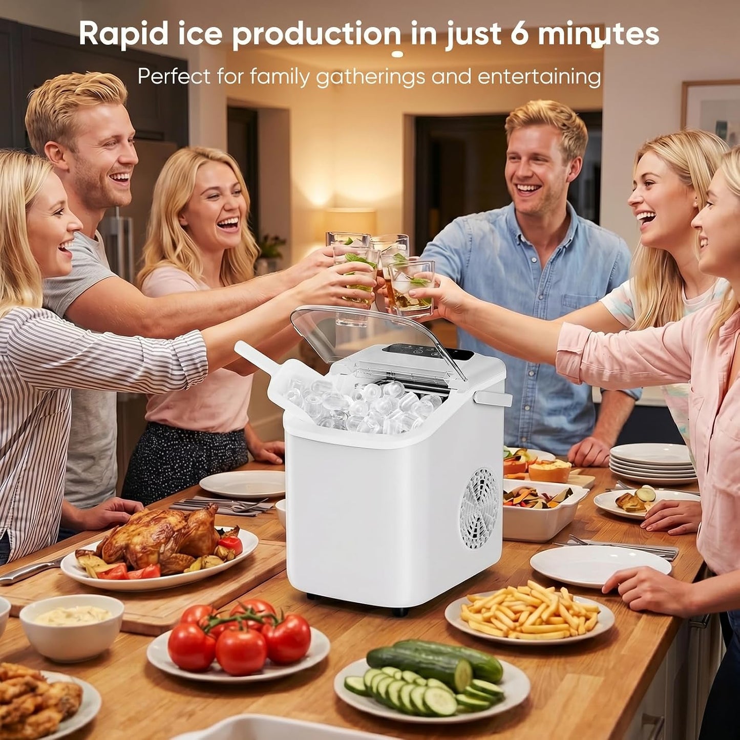 DUMOS Ice Makers Countertop Ice Machine with Portable Handle Compact Size 9 Bullet Cubes in 8 Mins, 26lbs in 24 Hours, Self-Cleaning, with Basket and Scoop, for Home, Kitchen, RV, Camping