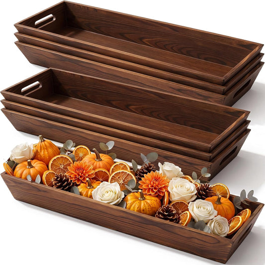 Gisafai 6 Pcs Long Wooden Narrow Tray Large Fall Serving Trays with Handle Thanksgiving Party, Rustic Farmhouse, Fall Centerpiece, 24x7.8'', Rectangular, Charcuterie Board Plate, Dining Dinner Kitchen