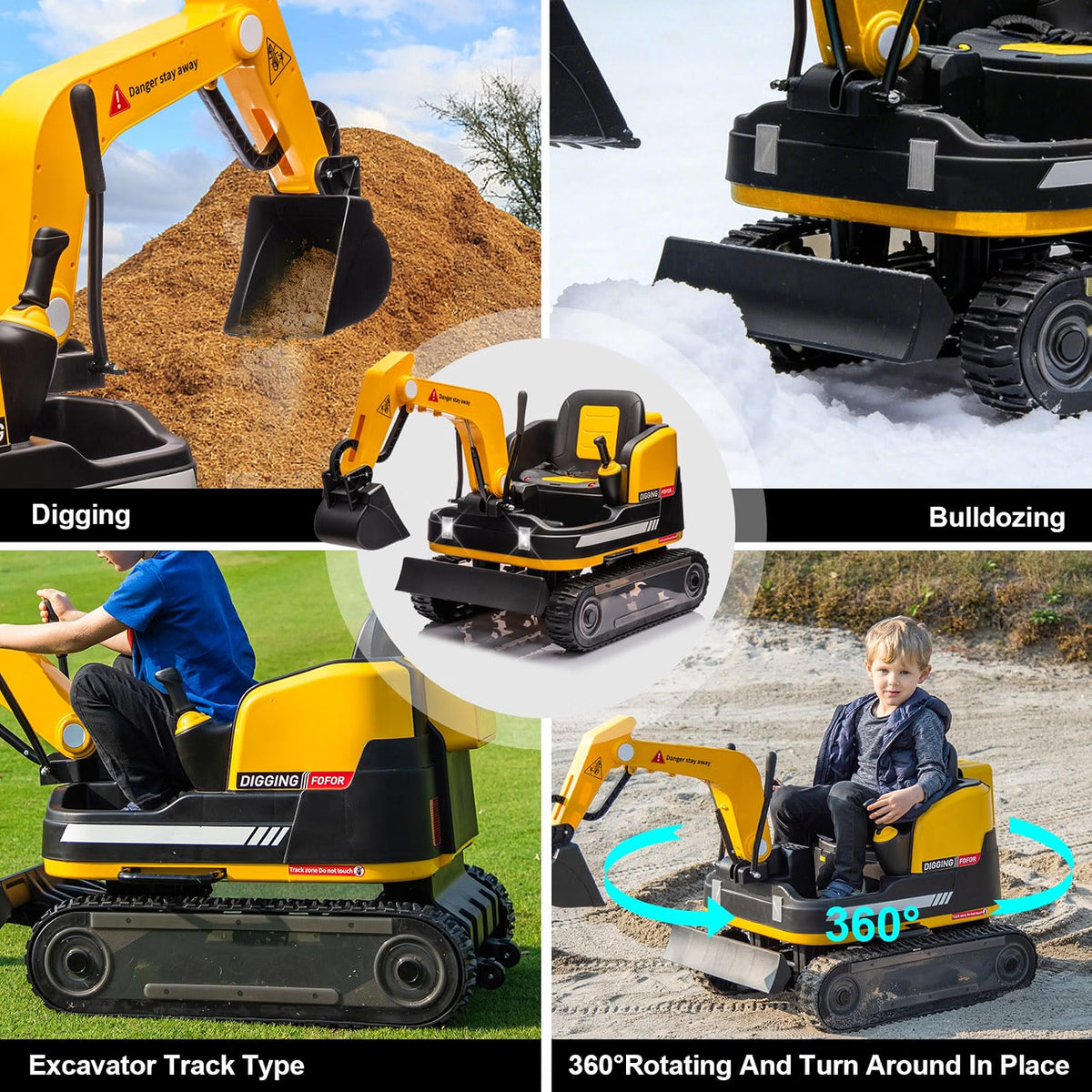 JOYLDIAS 2-in-1 Ride-On Excavator & Bulldozer, 12V Battery-Powered Kids Construction Vehicle with 360° Rotation, Parent Remote Control, Bluetooth, MP3 & Toolbox
