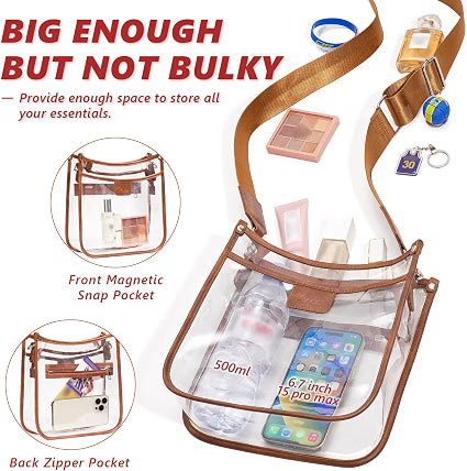 QOECI Clear Stadium Crossbody Bag, Stadium Approved Transparent Purse with 2 Adjustable Straps, 3-Pocket Clear Concert Bag for Sports Events, Brown