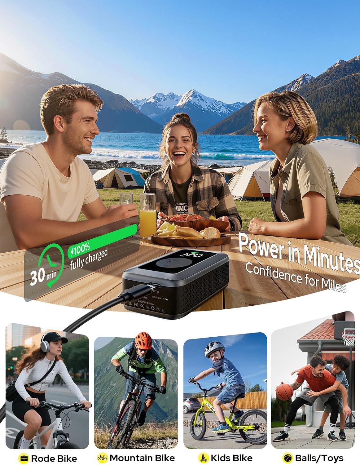 DSUY Mini Electric Bike Tire Pump, 120 PSI Portable Bicycle Air Pump with Digital Gauge & Auto Stop, 27 L/min Fast Inflation, Presta & Schrader Valve, USB-C, Gunmetal Gray