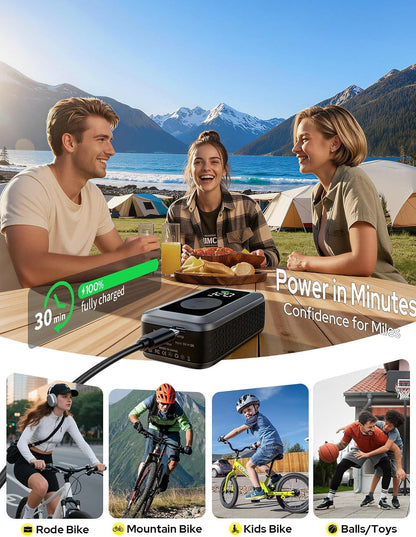 DSUY Mini Electric Bike Tire Pump, 120 PSI Portable Bicycle Air Pump with Digital Gauge & Auto Stop, 27 L/min Fast Inflation, Presta & Schrader Valve, USB-C, Gunmetal Gray