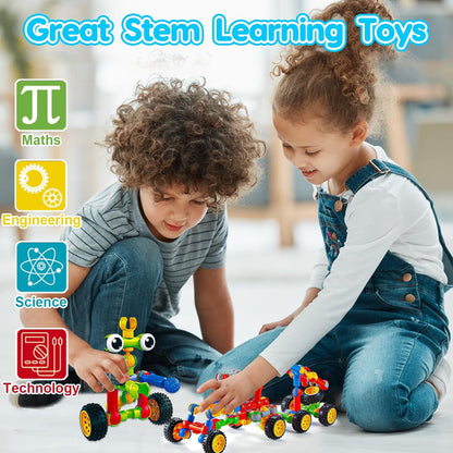 Qirptey 125-Piece STEM Building Toys for Kids Ages 3+, Educational Interlocking Building Blocks with Idea Booklet & Storage Box, Creative Engineering Construction Set
