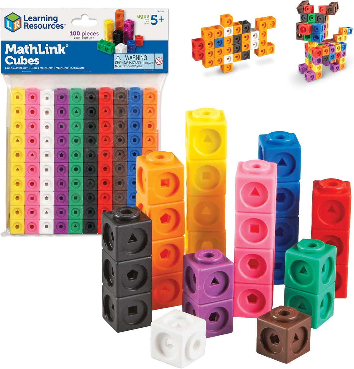 Learning Resources MathLink Cubes, Set of 100, Interlocking Math Manipulatives for Ages 5+, Kindergarten STEM Activities, Counting, Addition, Subtraction & Patterning