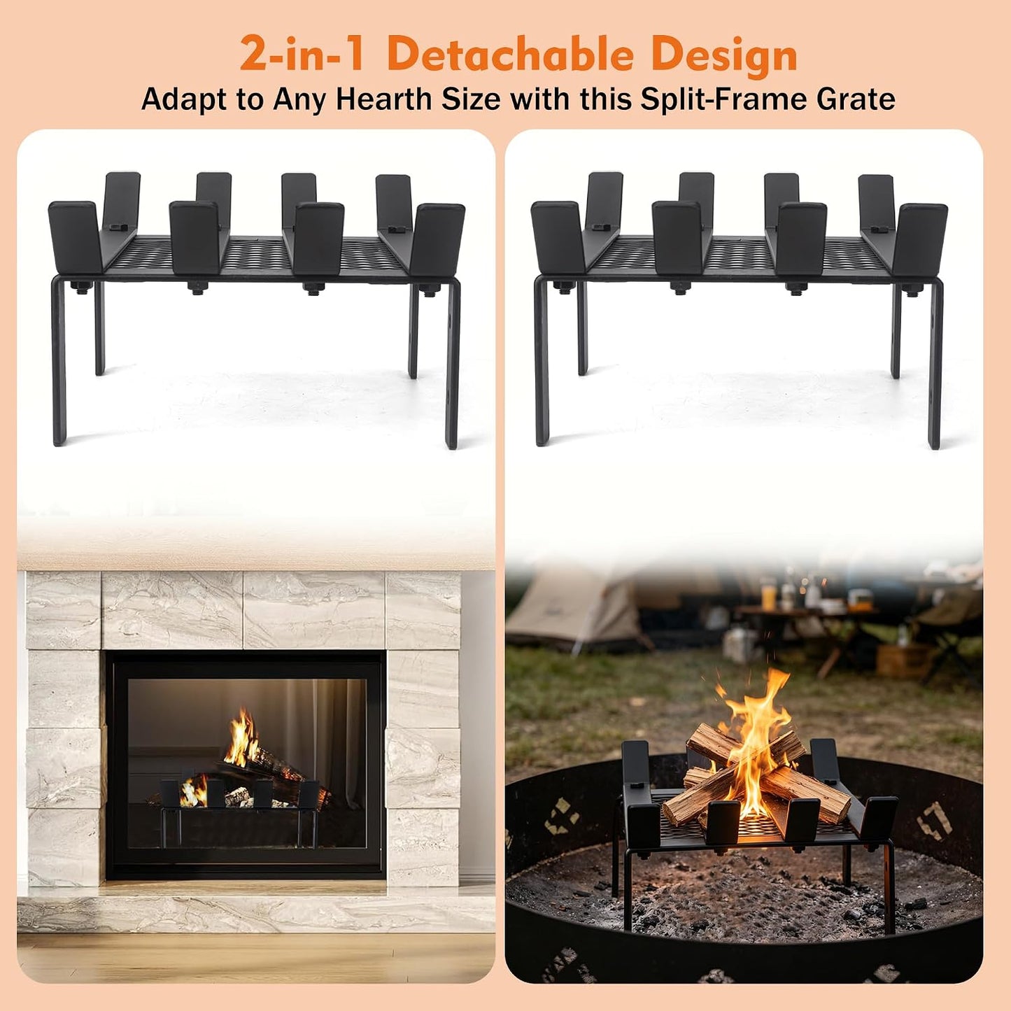 facka Fireplace Grate with Ember Retainer, 21" Heavy Duty Steel Fire Grate 8-Bar Fireplace Log Holder and Wood Stove Grate Rack for Indoor Hearth, Outdoor Fire Pit, Easy Assembly