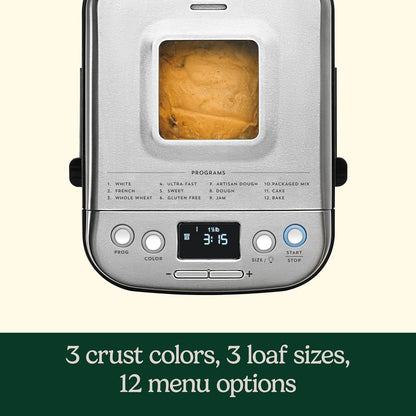 Cuisinart Bread Maker Machine, Stainless Steel, 12 Programs, Up to 2 lbs Compact automatic bread maker with 12 menu options, 3 crust colors & sizes, LCD display, 13-hr delay-start timer, CBK-110P1ES