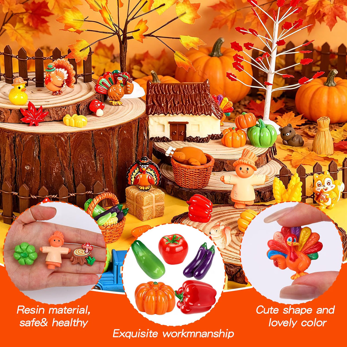 QAUYETM 50-Piece Fall Thanksgiving Mini Resin Figurines, Autumn Farm Village Decor with Pumpkins, Turkeys, Scarecrows & Harvest Accessories for Dollhouse, Garden & Table