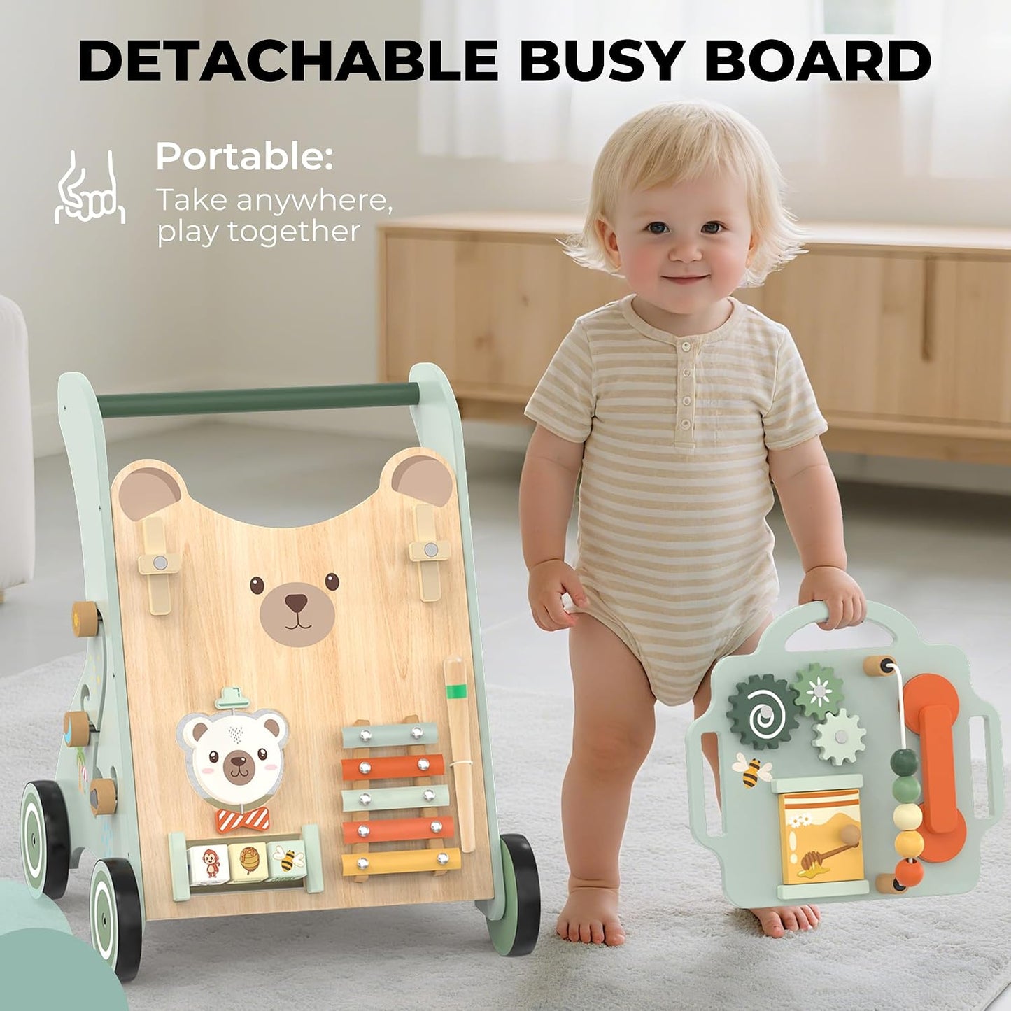 WOODMAM Push Baby Walker, Wooden Sit-to-Stand Learning Toy for 12M+ 10-in-1 Montessori Activity Center, Early Educational Push Toy, Detachable Busy Board, Adjustable Speed, Adorable Bear Design