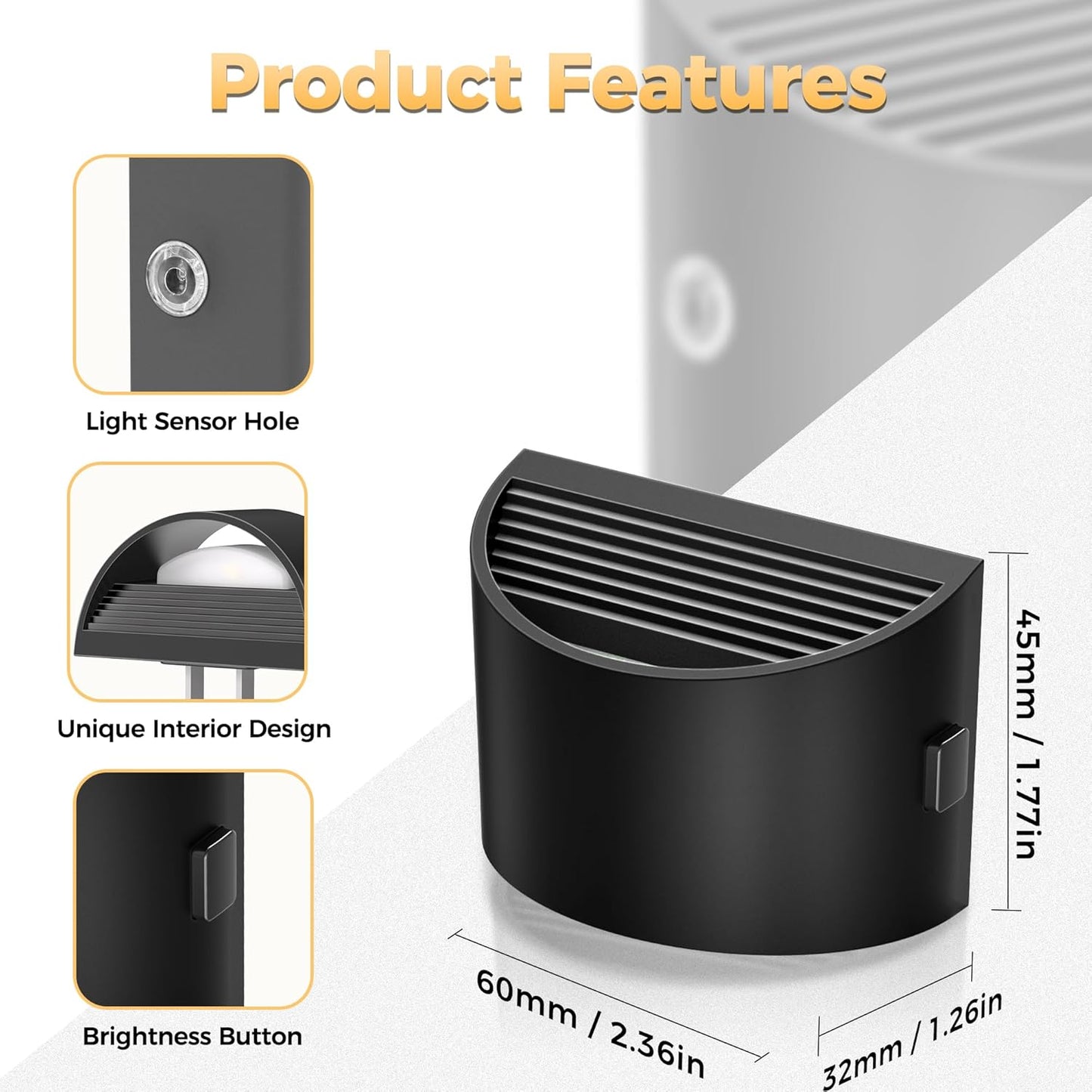 DORESshop Plug-In Night Light, Adjustable 3-Level Brightness, Dusk-to-Dawn Sensor, 3000K, Black, 2-Pack