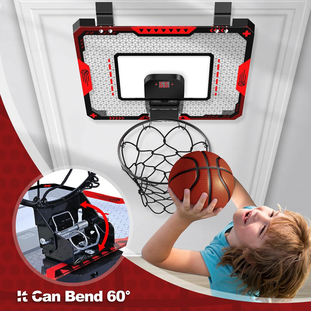 GMAOPHY Mini Basketball Hoop for Kids, Over-the-Door Indoor Basketball Hoop with Electronic Scoreboard, 3 Balls & Pump, Foldable Basketball Set, Red