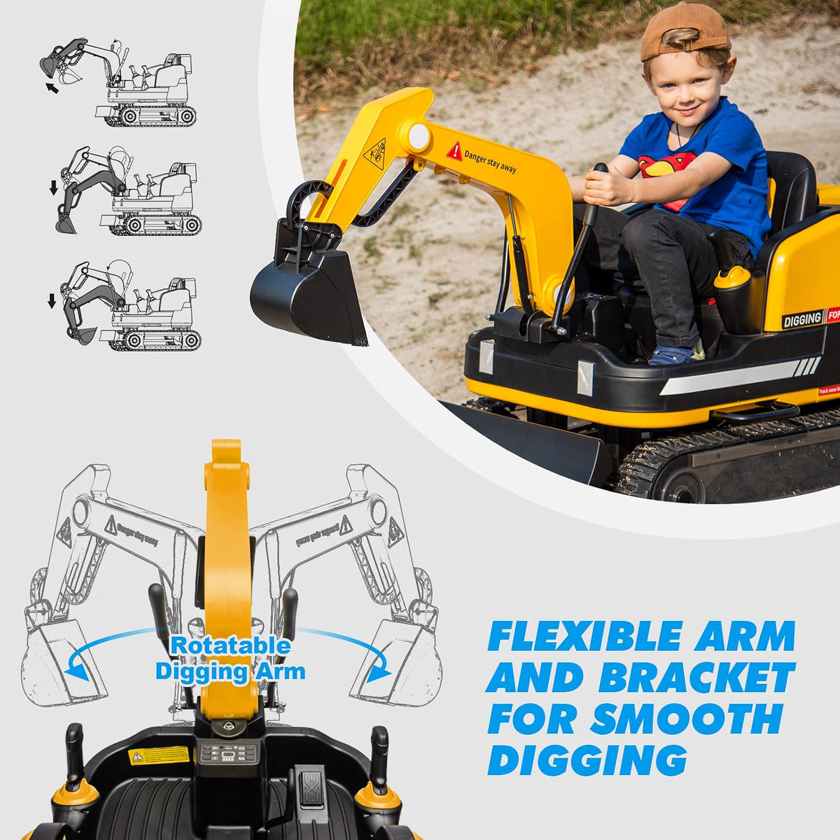 JOYLDIAS 2-in-1 Ride-On Excavator & Bulldozer, 12V Battery-Powered Kids Construction Vehicle with 360° Rotation, Parent Remote Control, Bluetooth, MP3 & Toolbox