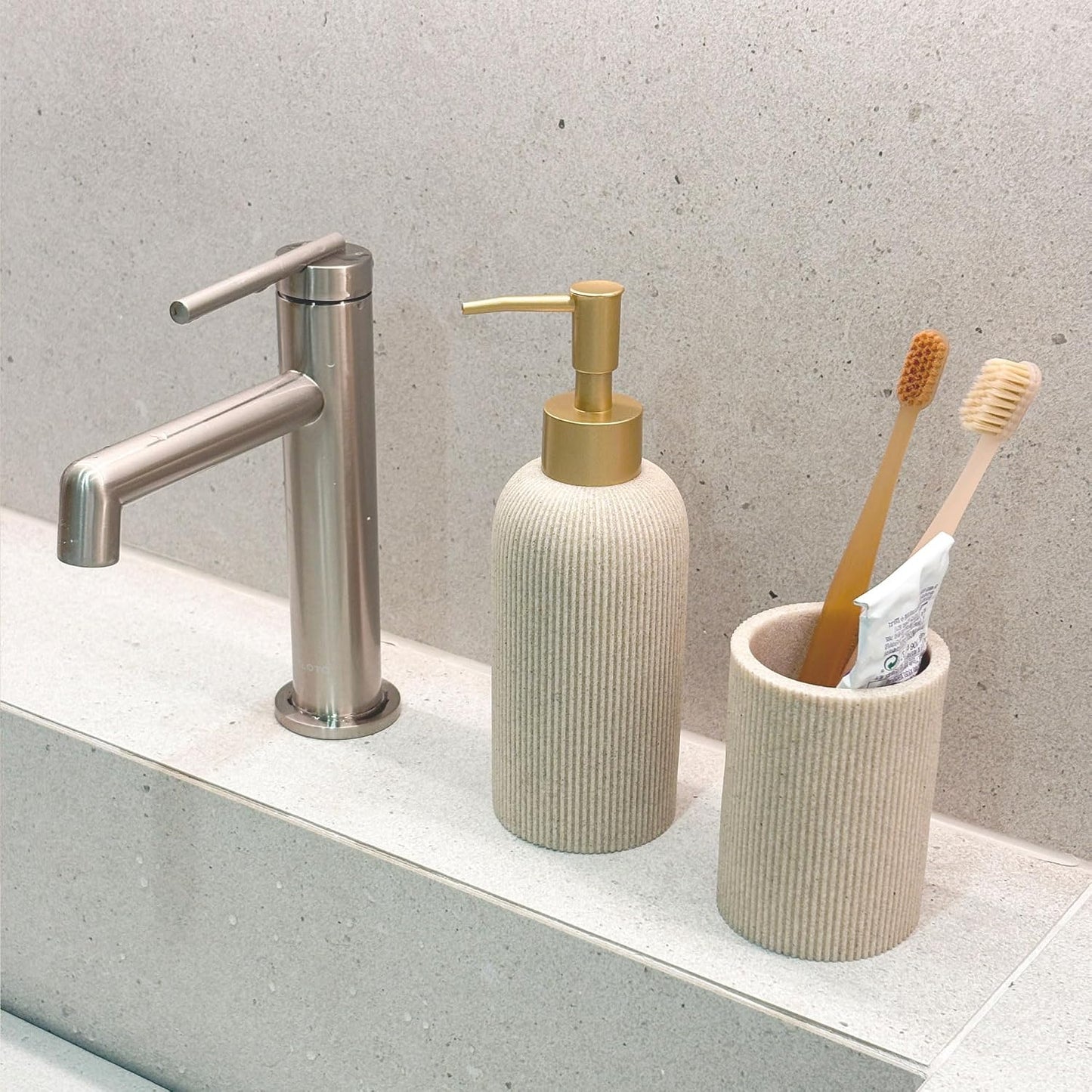 Sand Beige Hand Soap Dispenser with Matte Gold Pump, 11oz Luxury Boho Farmhouse Style, Fluted Sandstone Texture, Lotion & Dish Soap Dispenser for Bathroom and Kitchen Countertop