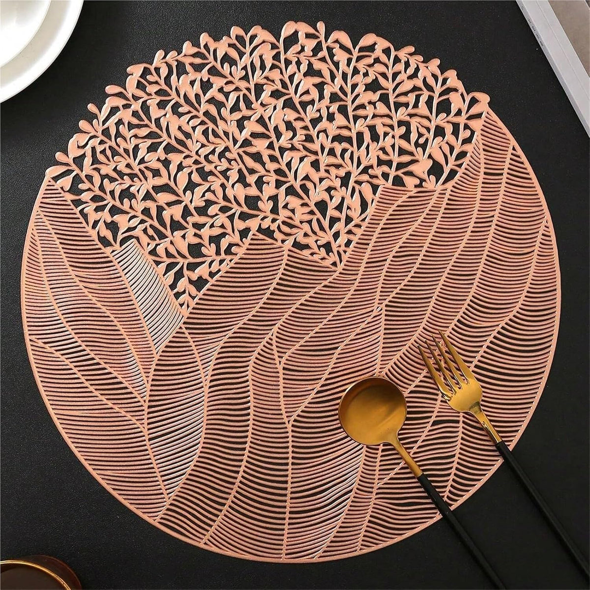 Round Placemats Set of 6, Vinyl Placemats PVC Hollow Out Dining Table Runner Non-Slip Tablemats Waterproof Leaf Shaped Placemats Heat Resistant Pad for Wedding Decoration(Rose Gold)