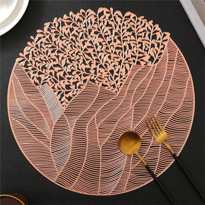 Round Placemats Set of 6, Vinyl Placemats PVC Hollow Out Dining Table Runner Non-Slip Tablemats Waterproof Leaf Shaped Placemats Heat Resistant Pad for Wedding Decoration(Rose Gold)