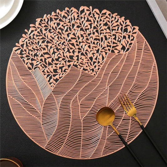 Round Placemats Set of 6, Vinyl Placemats PVC Hollow Out Dining Table Runner Non-Slip Tablemats Waterproof Leaf Shaped Placemats Heat Resistant Pad for Wedding Decoration(Rose Gold)
