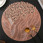 Round Placemats Set of 6, Vinyl Placemats PVC Hollow Out Dining Table Runner Non-Slip Tablemats Waterproof Leaf Shaped Placemats Heat Resistant Pad for Wedding Decoration(Rose Gold)