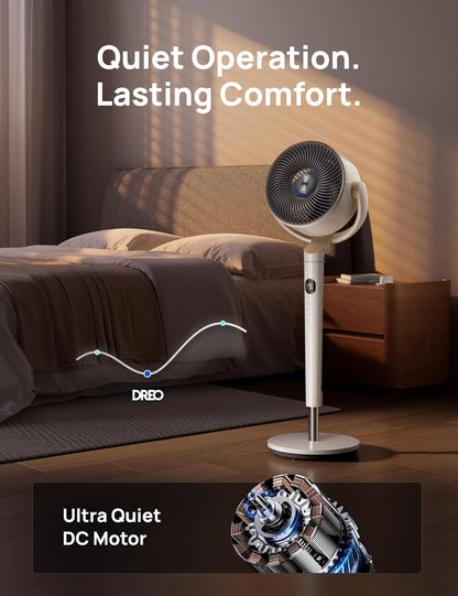DREO Smart Fan for Bedroom, 120° +120° Omni-Directional Oscillating Fans, 100ft Quiet Pedestal Fan with RGB Light, 9 Speeds, 6 Modes, 8H Timer, Wi-Fi/Voice/Alexa, 35-40" Floor Fans with Remote