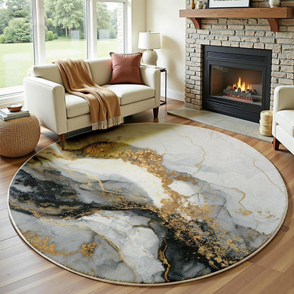 Black Gray Gold Abstract Modern Marble Art Deco Round Rug 10Ft, Washable