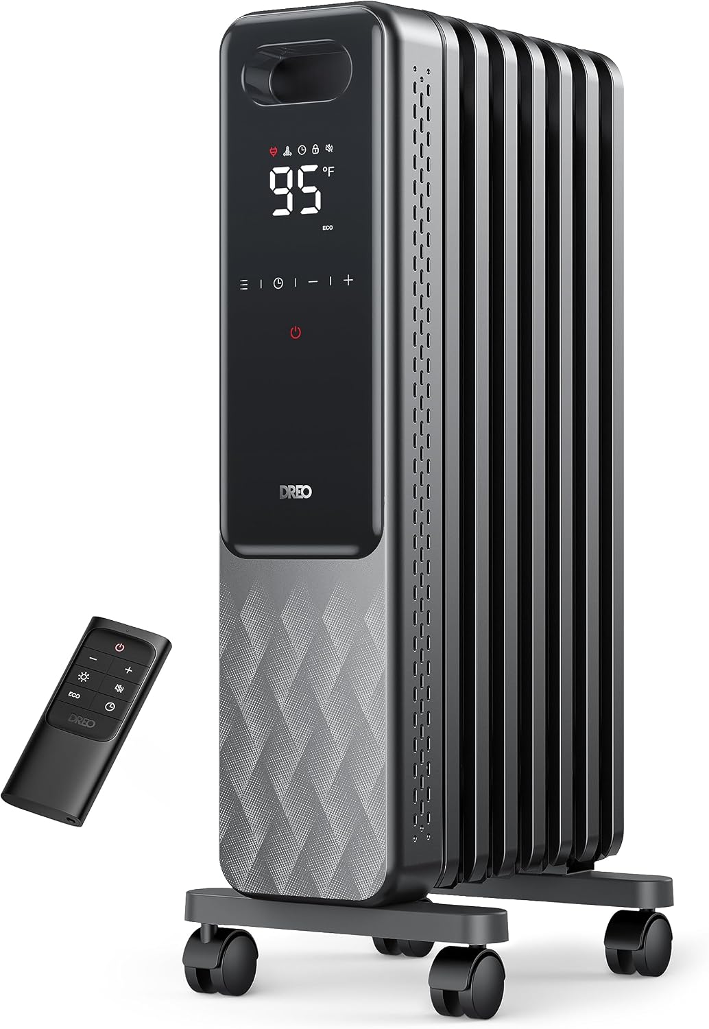 DREO Oil Filled Radiator Heater, Electric Heaters for indoor use Large Room Quiet, Digital Thermostat, ECO, Remote Control, 4 Modes, Child Lock, Overheat & Tip-Over Protection, 24h Timer, 1500W, Grey