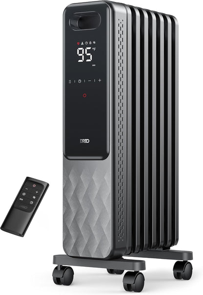 DREO Oil Filled Radiator Heater, Electric Heaters for indoor use Large Room Quiet, Digital Thermostat, ECO, Remote Control, 4 Modes, Child Lock, Overheat & Tip-Over Protection, 24h Timer, 1500W, Grey