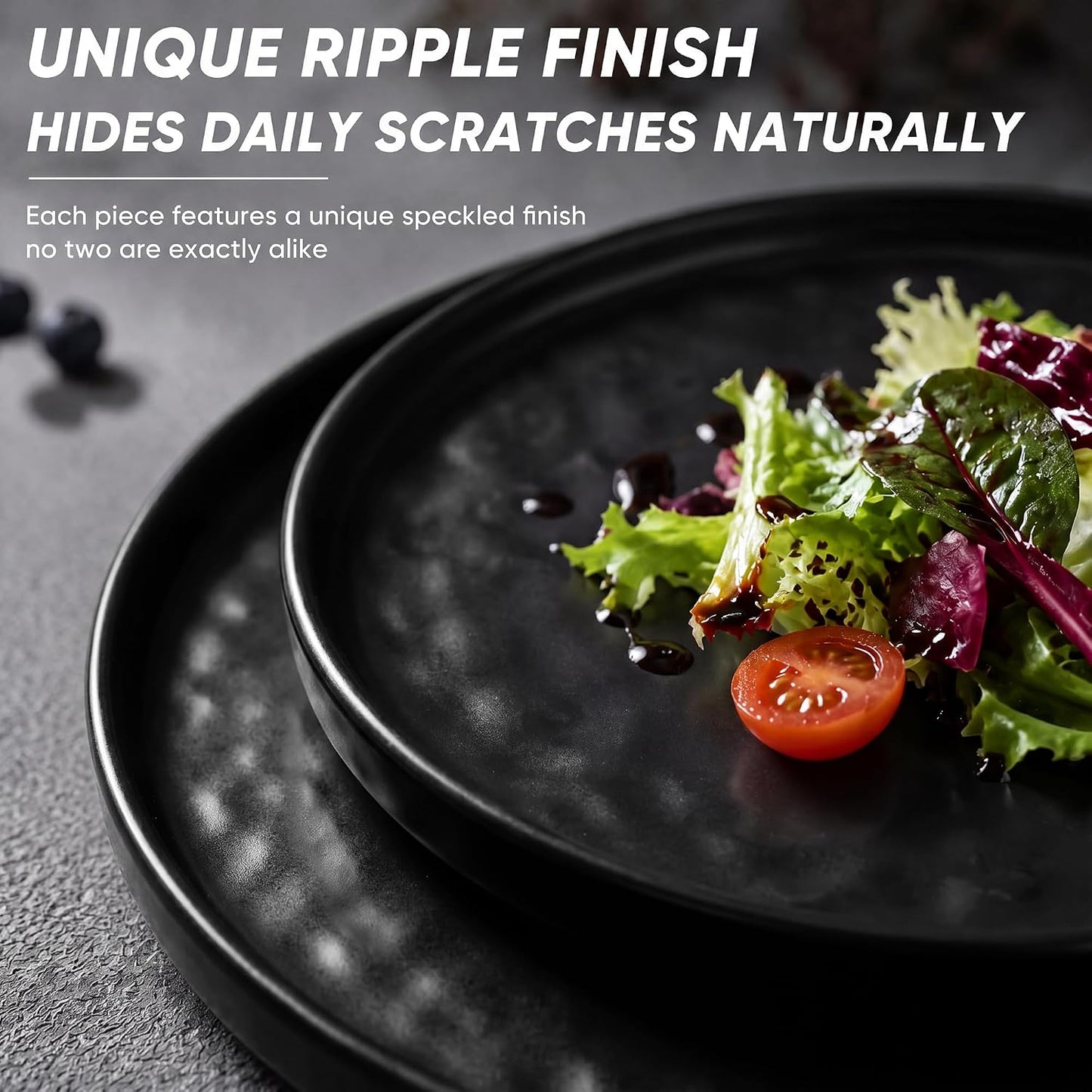E-far Black Plates and Bowls Sets, 12-Piece Stoneware Dinnerware Set for 4 Modern Ripple Design Dishes Set for Kitchen Dining, Chip & Scratch Resistant, Microwave & Dishwasher Safe, Matte Black