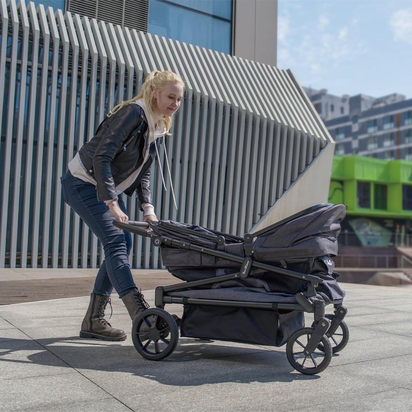 Familidoo Q2 Multi-Use 2 Seat Kids Wagon Stroller, Foldable Lightweight All-Terrain Stroller Wagon for Kids & Pets, Magnetic Safety Harness, Rain Cover, Charcoal Gray