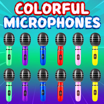 Bedwina Inflatable Microphones, 12-Pack 10-Inch Neon Karaoke Party Favors, Blow-Up Music Props for Kids & Adults, Photo Booth Decorations & Party Supplies