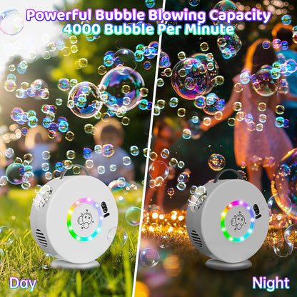 Yevohadt Bubble Machine for Kids & Toddlers, 90°/360° Rotating Automatic Bubble Blower with RGB Light, 4000+ Bubbles Per Minute, Portable Bubble Maker for Parties & Outdoor Play