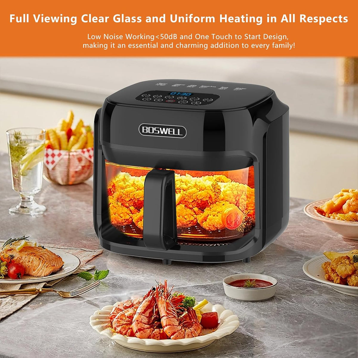 BOSWELL 7.5 QT Large Glass Air Fryer, 6-1 Preset Cook Modes | Transparent Fry Bowl, Black, Circulating Heating & Temperature Control, Steak, Fries, Bake...