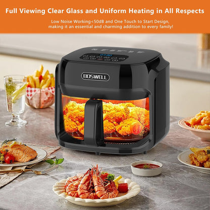 BOSWELL 7.5 QT Large Glass Air Fryer, 6-1 Preset Cook Modes | Transparent Fry Bowl, Black, Circulating Heating & Temperature Control, Steak, Fries, Bake...