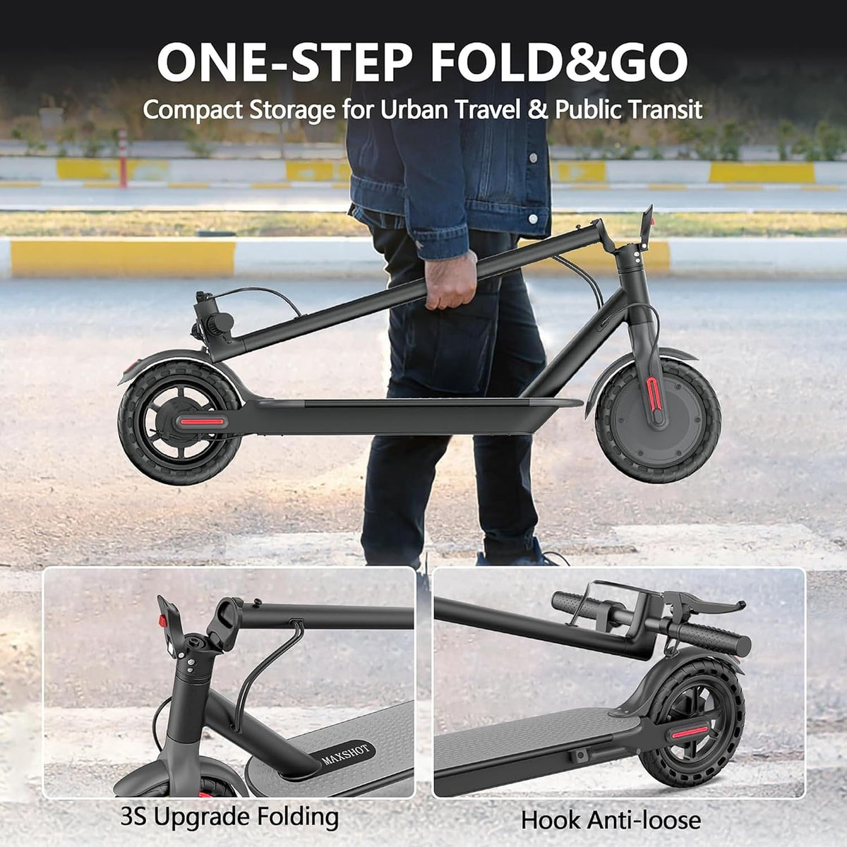 MAXSHOT V7 Electric Scooter for Adults, 350W Motor, Up to 19 MPH, 16-Mile Range, 8.5-Inch Solid Tires, Dual Suspension, Folding Commuter E-Scooter with App Control