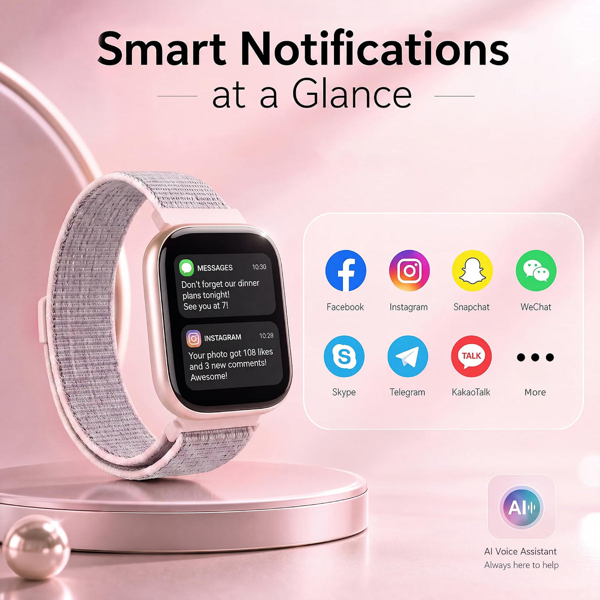 KIPTUMTEK T7 Smart Watch for Women, 1.83" HD Touch Screen, Bluetooth Calling, Fitness & Health Tracker, 2 Bands, Pale Pink