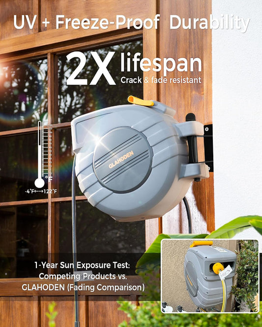 GLAHODEN 5/8 in x 115 ft Retractable Garden Hose Reel with Metal Bracket Wall Mount, Any Length Lock,Auto Rewind, UV Resistant,Heavy Duty, 180° Swivel, Anti-Tangle, Easy to Assemble,9 Spray Patterns