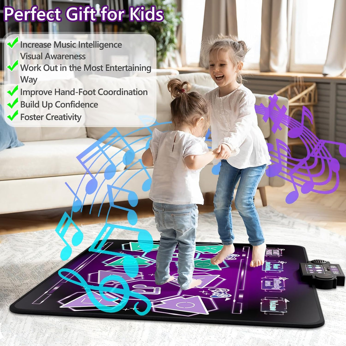 Joyvalley Kids Dance Mat, 2-Player Electronic Dancing Pad with Music, LED Lights, 8 Challenge Levels, Anti-Slip Floor Game Toy, Purple