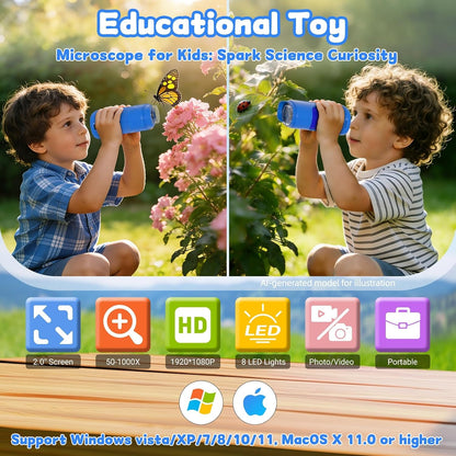 Pozifu 1000X Handheld Digital Microscope for Kids, 50X–1000X Magnification, 2.0" IPS HD Display, 1080P 2MP Camera, STEM Educational Toy, Blue