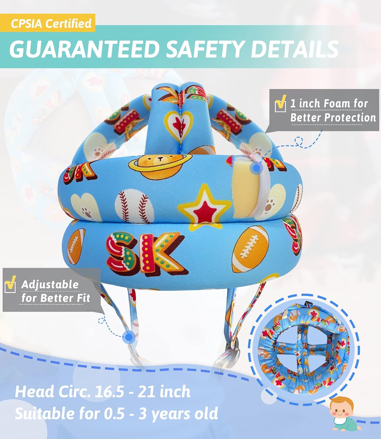 Simply Kids Baby Head Protector Helmet for Crawling, Walking & Running, Adjustable Infant Safety Headguard, Fox, Small