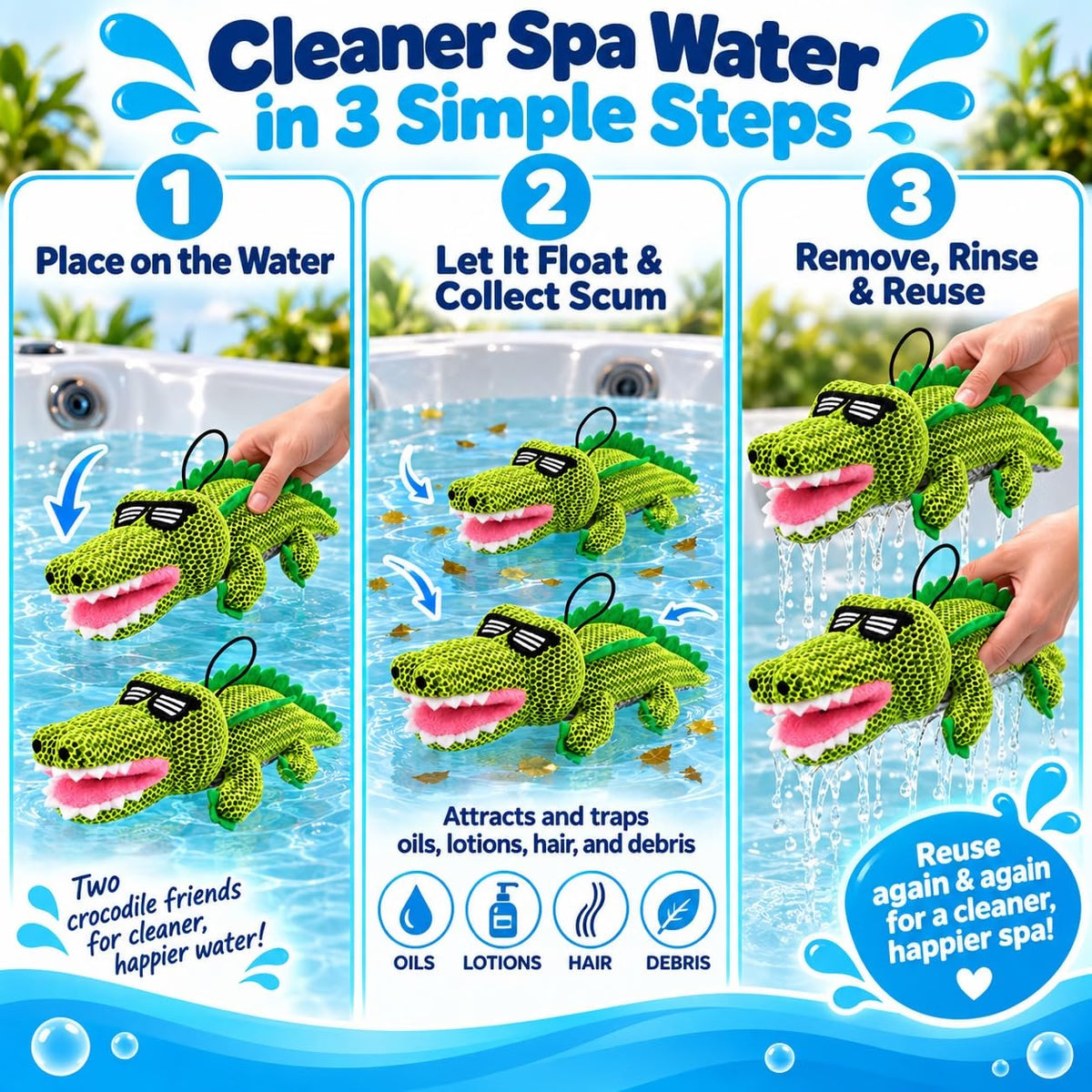 Crocodile Hot Tub Scum Absorber, 2-Pack Reusable Washable Spa Sponge for Oil & Scum Removal, Floating Hot Tub Pool Cleaner with Suction Cup & Rope, Cute Crocodile Design