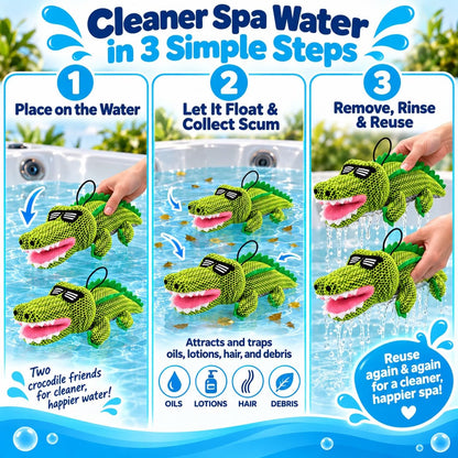 Crocodile Hot Tub Scum Absorber, 2-Pack Reusable Washable Spa Sponge for Oil & Scum Removal, Floating Hot Tub Pool Cleaner with Suction Cup & Rope, Cute Crocodile Design