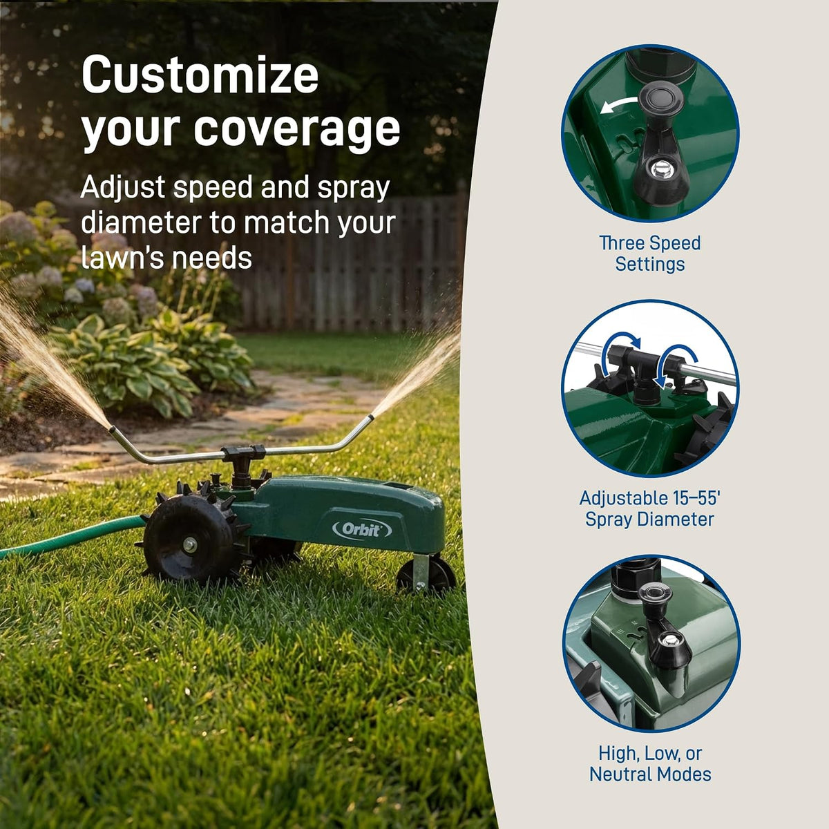 Orbit Traveling Tractor Water Sprinkler - Self-Propelled Traveling Sprinkler for Wide Lawn Coverage - Cast-Iron Body with Adjustable Coverage - Three-Speed - Automatic Shut Off - 58322