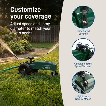Orbit Traveling Tractor Water Sprinkler - Self-Propelled Traveling Sprinkler for Wide Lawn Coverage - Cast-Iron Body with Adjustable Coverage - Three-Speed - Automatic Shut Off - 58322