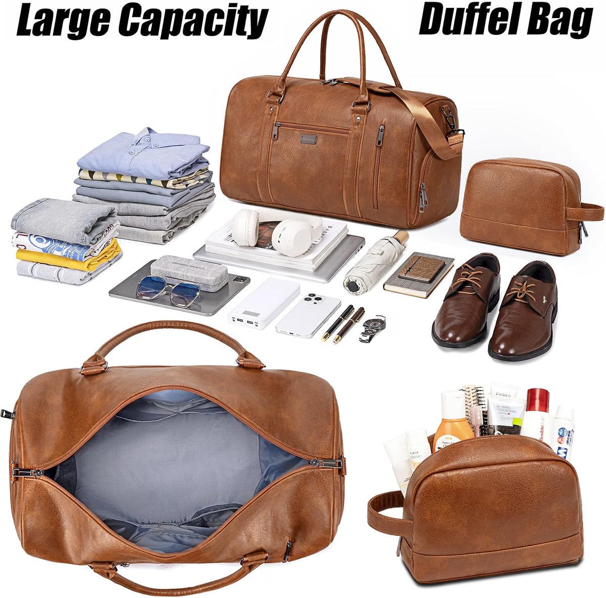 HyperionFlo Essentials Large Travel Duffel Bag for Women & Men, Waterproof Faux Leather Weekender Bag with Shoe Compartment, Toiletry Bag & Luggage Sleeve, Brown