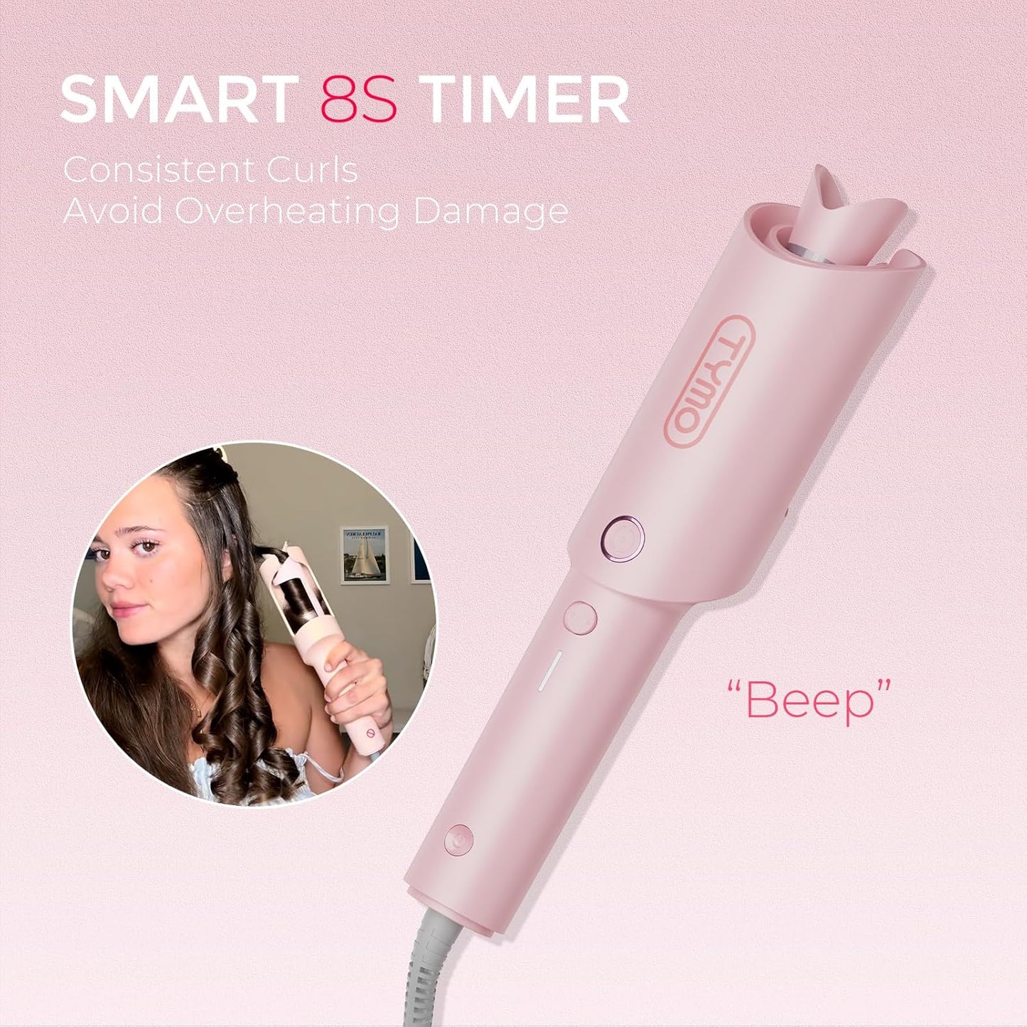 TYMO Automatic Rotating Curling Iron, TYMO CURLPRO Beach Waves Hair Curler 500 Million Ionic Curling Wand, Dual Voltage, Portable Lightweight for Travel, Ceramic Coating, 1 Inch, Pink
