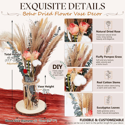 Irenare 6 Set Dried Pampas Grass Centerpiece with 6 Glass Vase Table Runner Bouquet for Wedding Decor, Boho Farmhouse Table Centerpieces, Bridal Party Decoration or Fall Wedding Home Rustic Decor