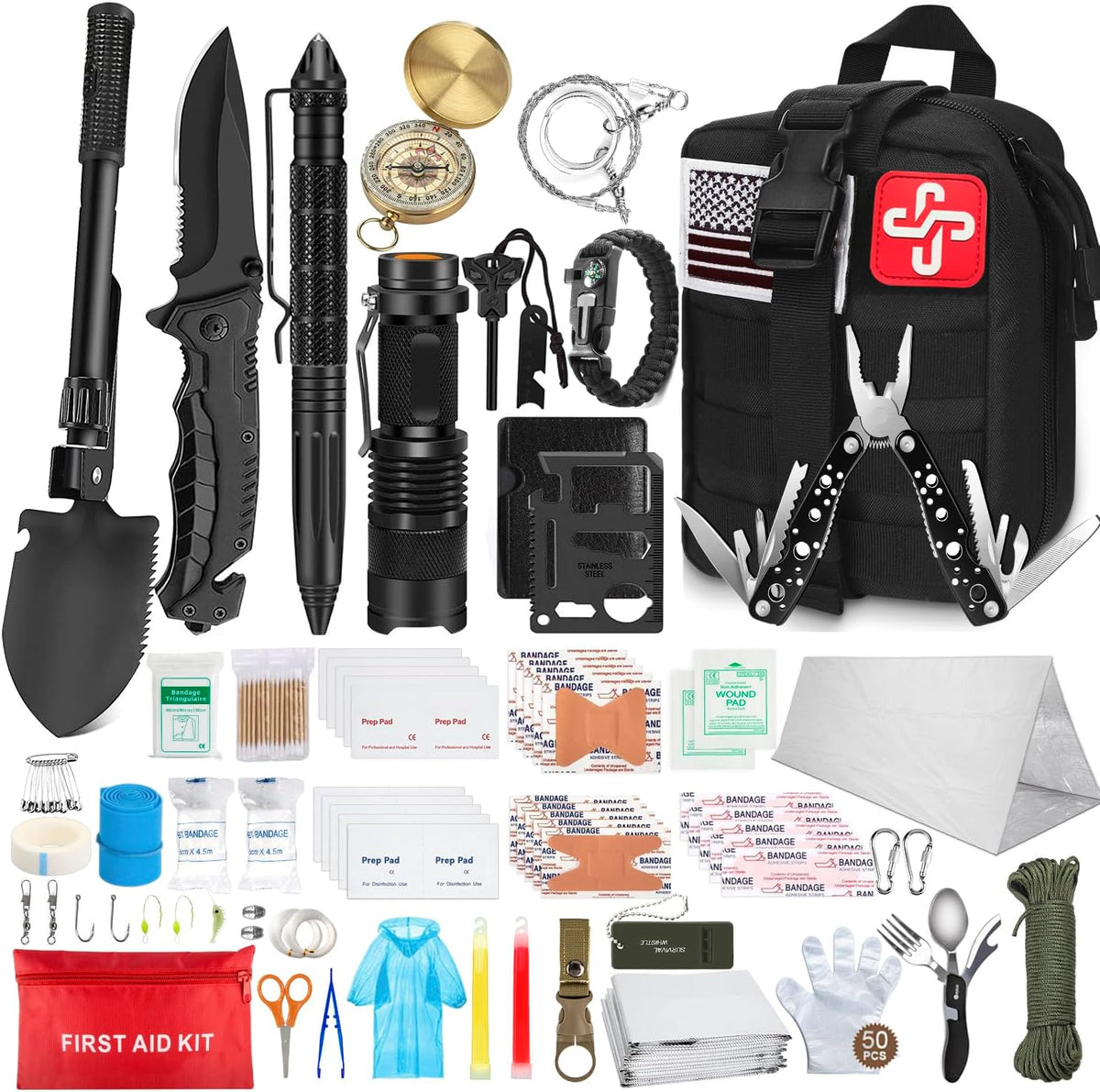 TAIMASI 238 Pcs Emergency Survival Kit with First Aid Kit and Molle Pouch Survival Gear Emergency Supplies Emergency Tent for Earthquake, Outdoor Adventure, Camping, Hiking, Hunting