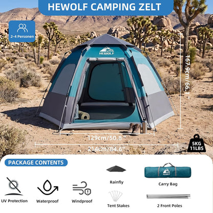 HEWOLF 2-4 Person Camping Tent, Instant Pop-Up Waterproof 2-Door 3-Season Hexagonal Dome Tent with Rainfly, Spacious Family Tent for Camping, Hiking & Travel, New Blue
