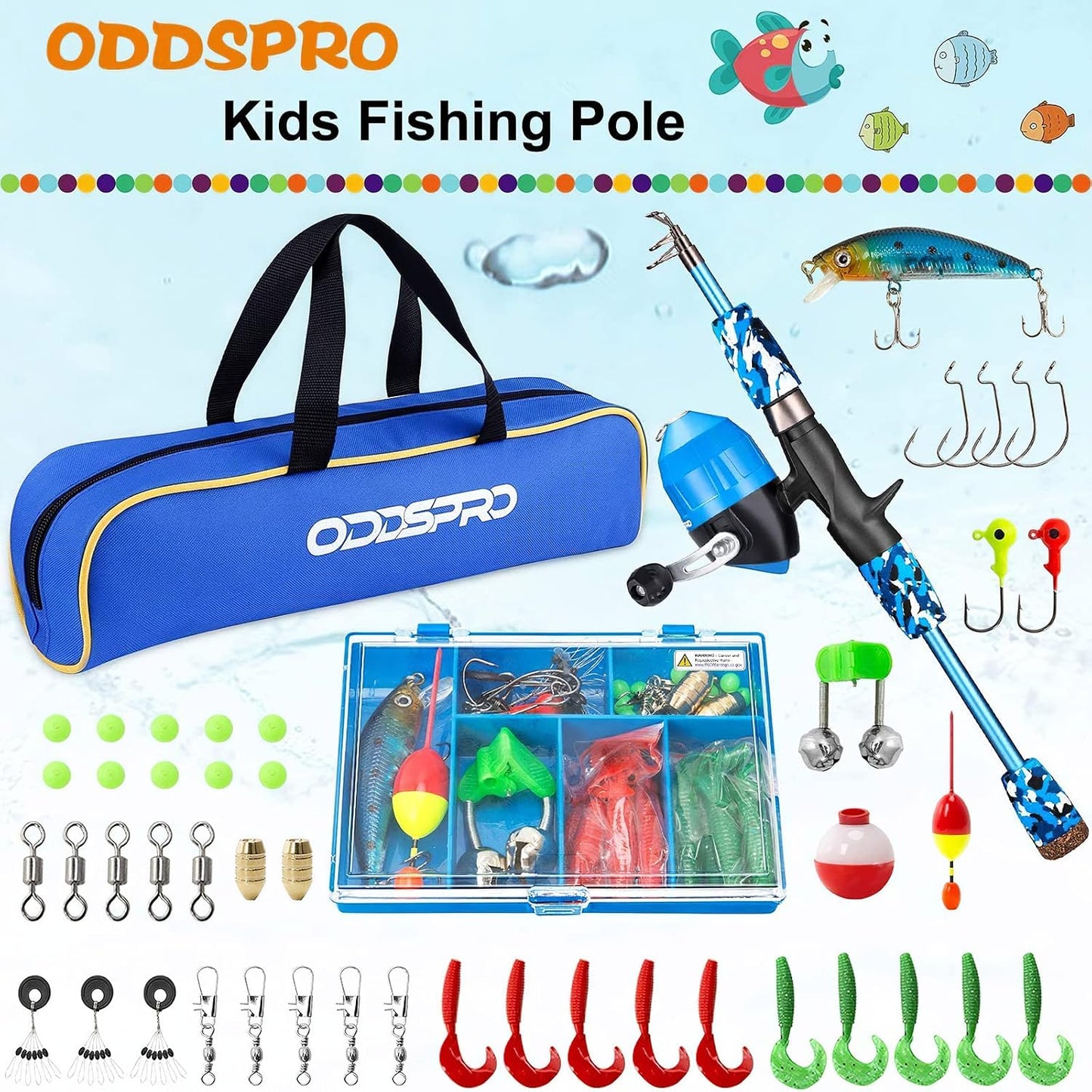ODDSPRO Kids Fishing Pole, 4.92ft Portable Telescopic Fishing Rod and Spinning Reel Combo Kit with Tackle Box, Carrying Bag and Accessories for Boys & Girls